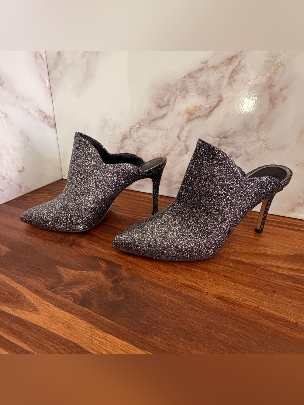 Women's Glitter Pointed-Toe Stiletto Mules - Black/Silver